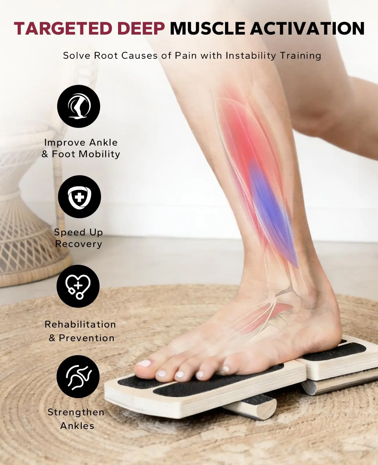 HAPBEAR Ankle Strengthening Balance Board, Wooden Wobble Board Ankle Trainer, Multi-Directional Single Leg Stability & Proprioception Training Equipment with 3 Rollers, Cork Ball & Training Guide for Ankle Recovery, Yoga, Pilates, Athletes Seniors