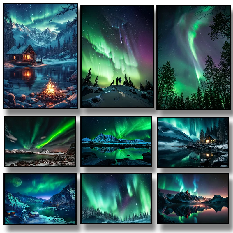 Póster Artístico de paisaje de Aurora Boreal, arte de paisaje Polar Natural, pintura en lienzo, impresiones de pared, imagen para habitación, decoración del hogar