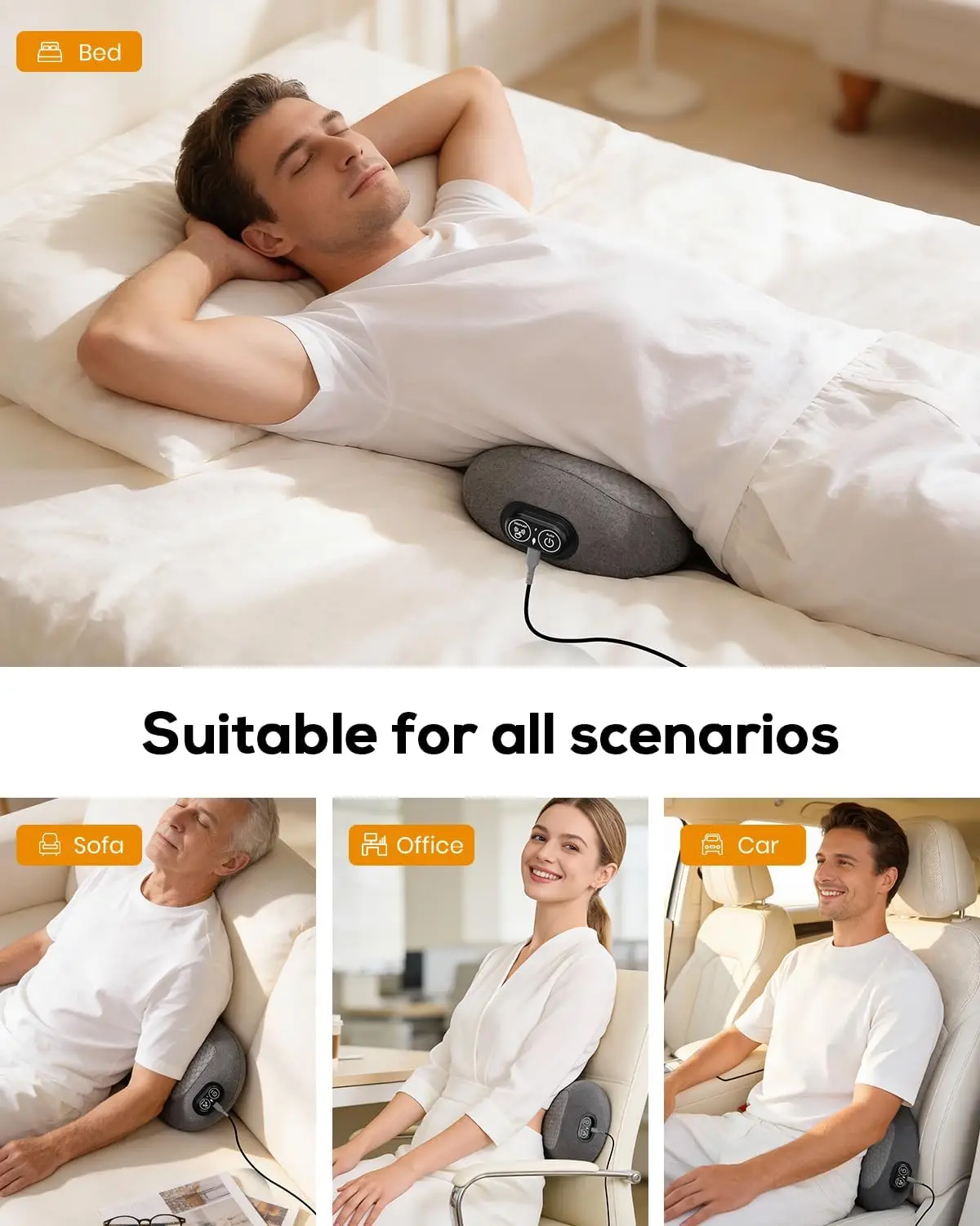 3in1 Back Massager, Triple Fusion Back Massager with Heat, Vibration and Stretch,Lumbar Support Pillow with Memory Foam for Bed