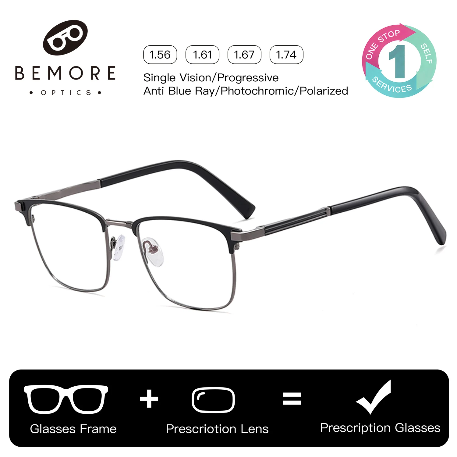 BEMORE Square Double Eyebrow Metal Prescription Eyewear Man Anti-Blue Ray Progressive Multifocal Glasses with Myopia Degree
