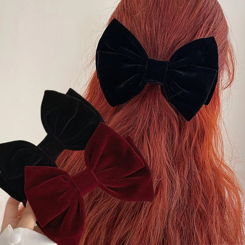 Black Red Velvet Bow Hair Pins Elegant Fabric Hair Clips Rubber Band for Women Fashion Ponytail Barrette Heawear Accessories