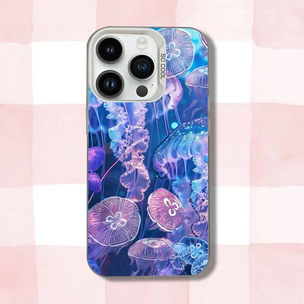 水中動物クラゲ柄 iPhoneケース iPhone 16,15,14,13,12,11,Pro,XS,Max,Plus,Mini,SE対応 ホワイト キャンディマット 耐衝撃カバー