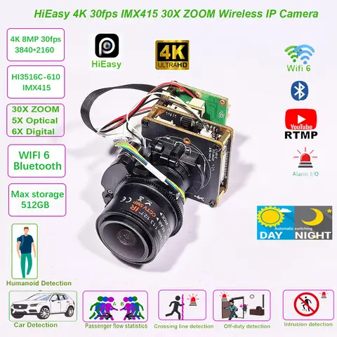 4K 8MP 30fps HiEasy IMX415 30X ZOOM Wireless Wifi IP Camera Module ONVIF RTMP SD Card PTZ