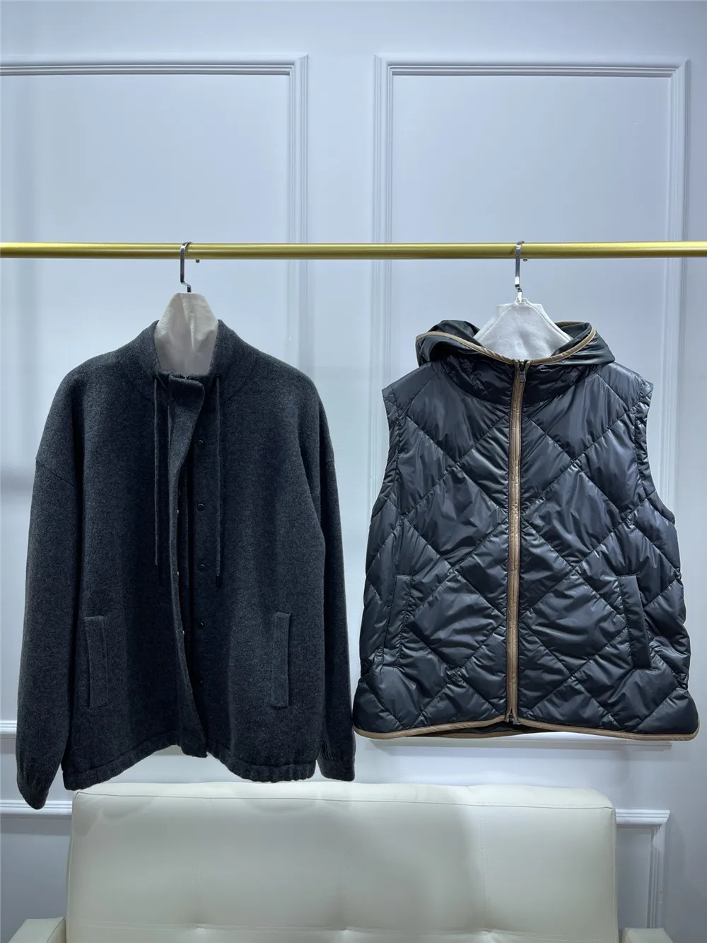 24 Autumn and Winter Cashmere Knitted Jacket + Hooded Goose Down Vest Two-Piece Set