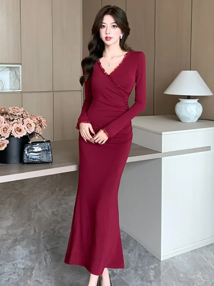 Slimming Lace Trim V-ne Fi-tail Dr Women's Autumn High-waisted Bodycon Sexy Elegance Beautiful Wraparound Skirt