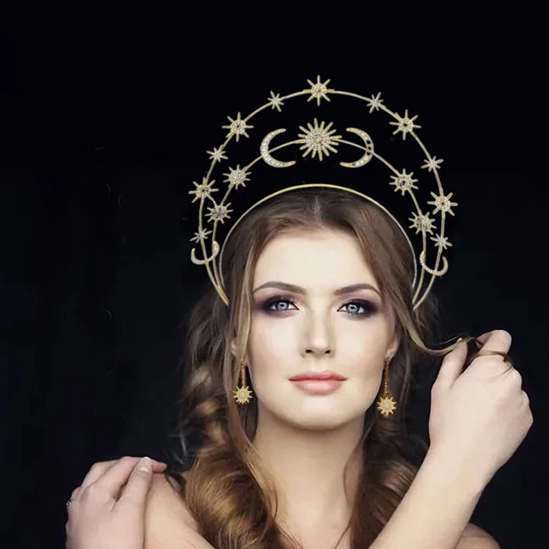 Halo Crown Headpiece With Earrings Star Moon Goddess Crown  Headband Tiaras  For Women Boho Wedding Hairband