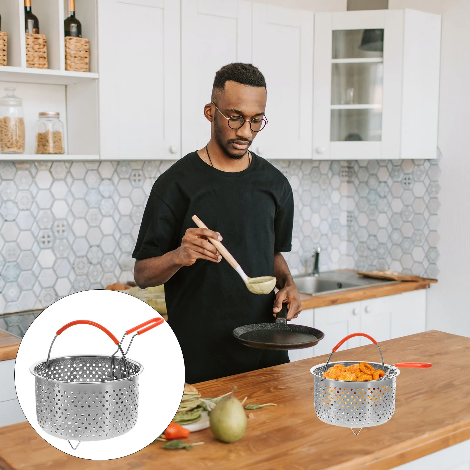 

Round Deep Fryer Basket Stainless Steel Strainer Ergonomic Handle French Fries Chicken Onion Rings Shrimp Cooking Tool