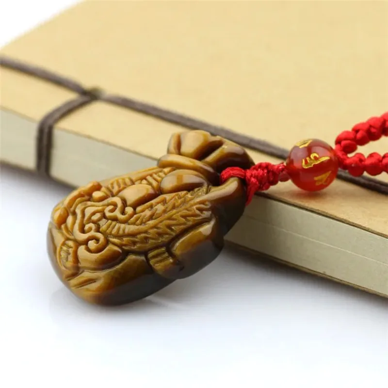 Chinese Natural Tiger-Eye Stone Purse Pixiu Pendant Necklace Jewellery Hand-Carved Relax Healing Women Man Gift Free Rope