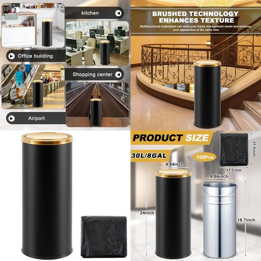 Papelera negra mate de 30 litros con tapa y 100 bolsas para uso comercial en hoteles y ascensores