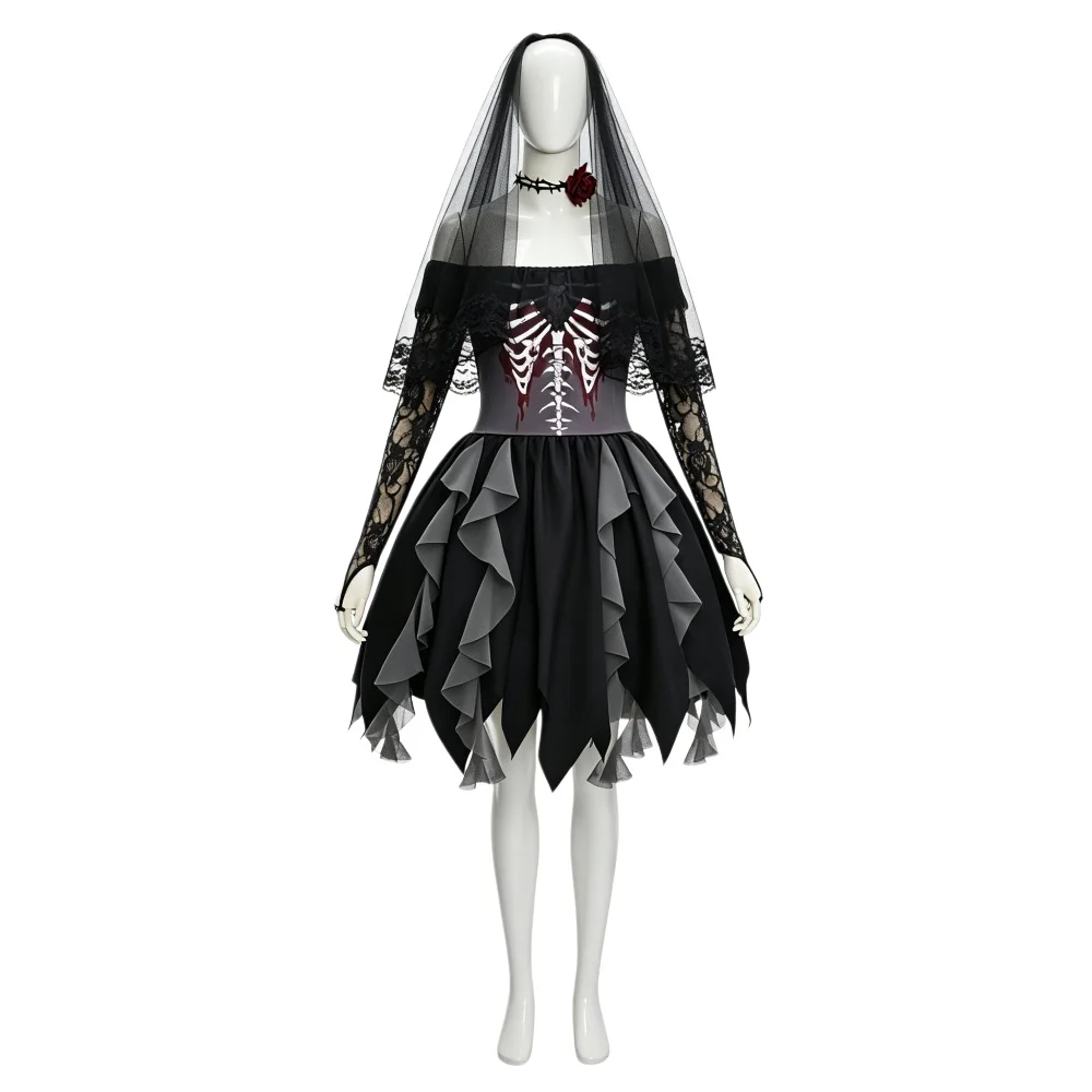 AniLV 2026 Halloween Ghost Bride Skeleton Veil Dress Uniform Outfit Cosplay Costume
