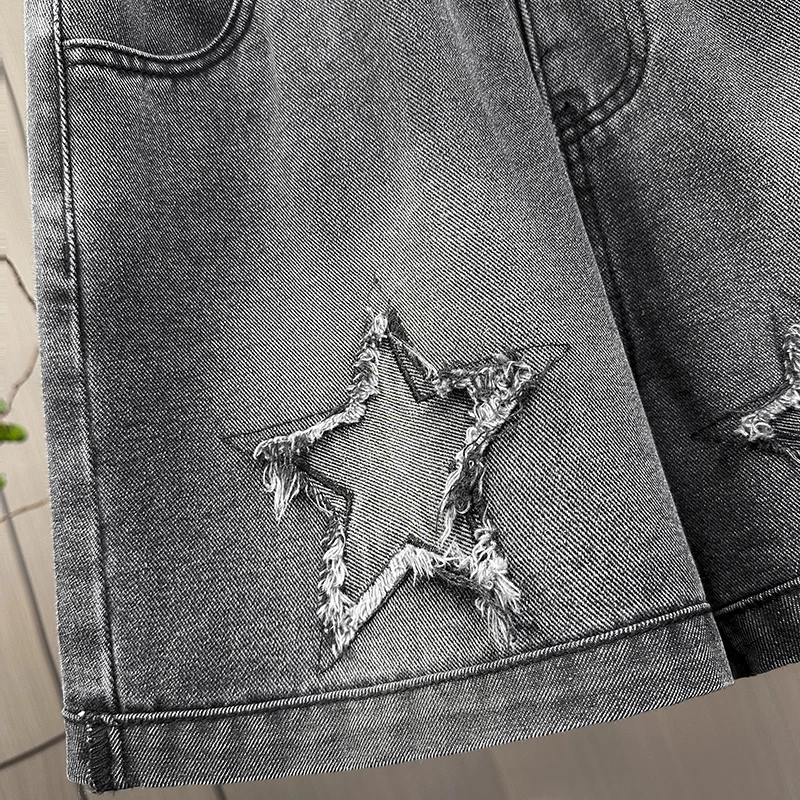 L-6XL حجم كبير الدنيم السراويل للنساء صيف 2025 عالية الخصر أسود فضفاض واسعة الساق جينس قصير النساء نجمة كبيرة الحجم جينس قصير