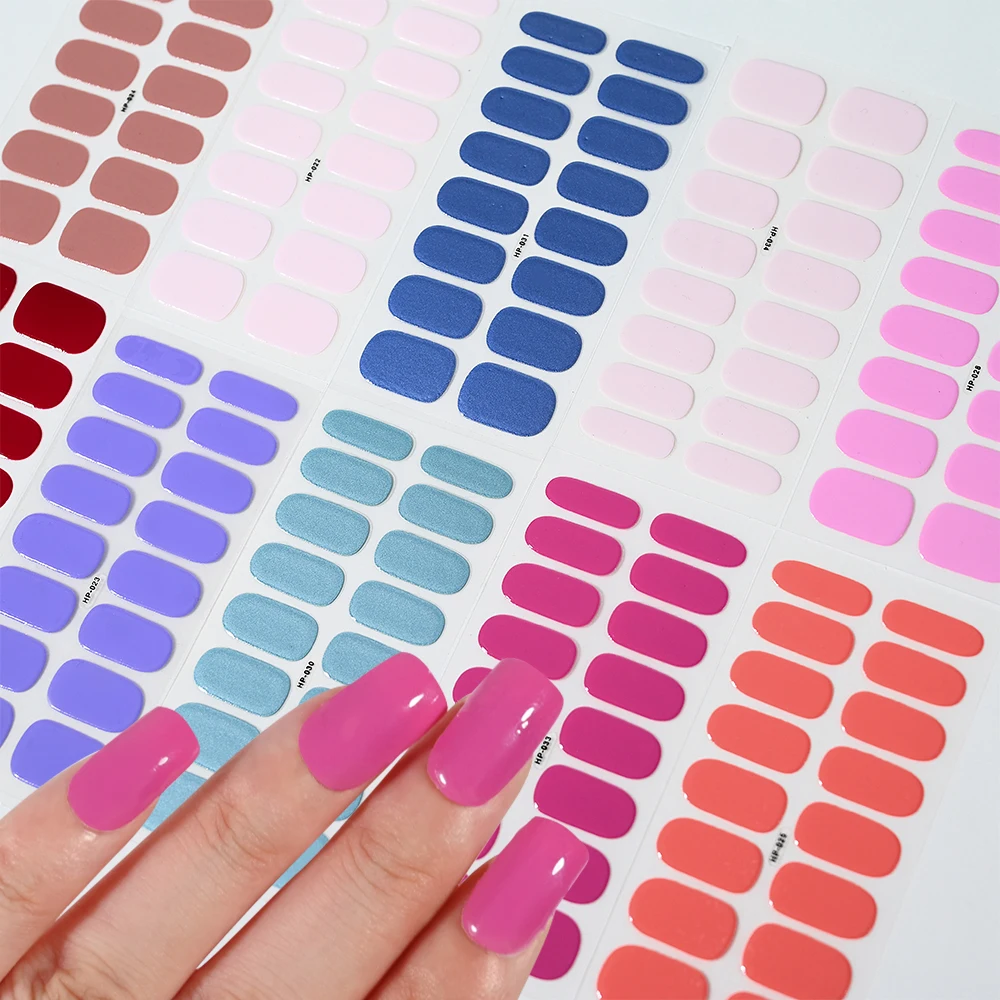 16 Tips Solid Color UV Gel Nail Stickers Long-Lasting Semi-Cured Gel Nail Strips Slider Sticker Full Cover Manicure Patch Decals