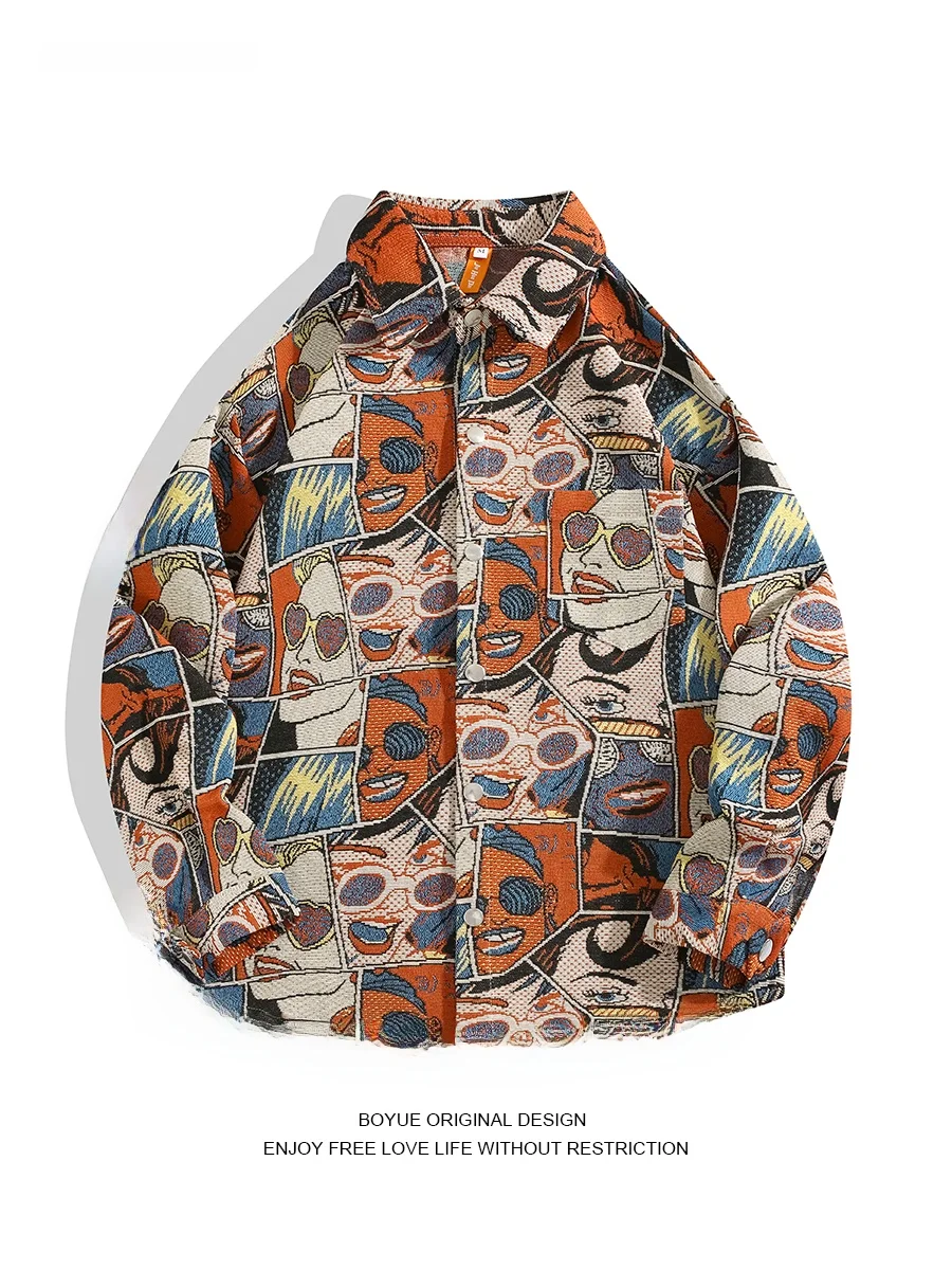 

Boyue Retro Comic Print Character irt Men's Jaet Casual Loose Fit Long Sve Youthful Trendy Brand Autumn Outerwear