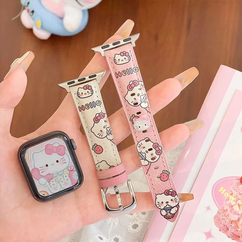 Correa Kawaii de Hello Kitty para Apple Watch, accesorios de muñeca de Anime Sanrio, color rosa y blanco para mujer