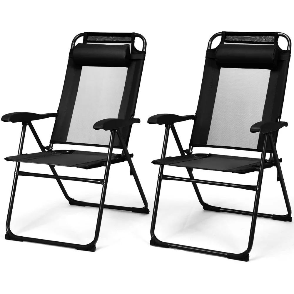 Folding Patio Dining Chairs Set of 2, Portable Patio Chairs with 7 Level Adjustable Backrest, Detachable Headrest, Wide Seats,