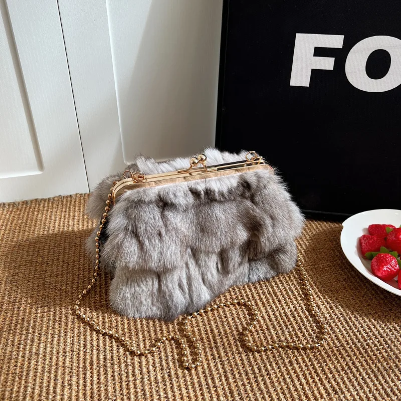 الشتاء الساخن بيع موضة الاتجاه حقيبة صغيرة الثعلب الشعر حقيبة نسائية الراقية الملمس مصمم حقيبة عشاء فاخرة سلسلة حقيبة كتف #4