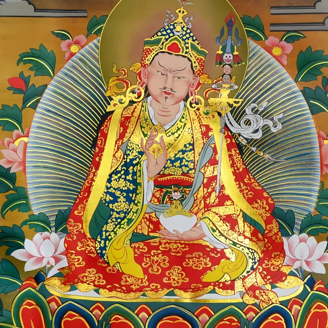 Padmasambhava Lotus Born Thangka Gold Gilt Traditional Scroll Small Wooden Roller Art for Temple Home and Altar Gift