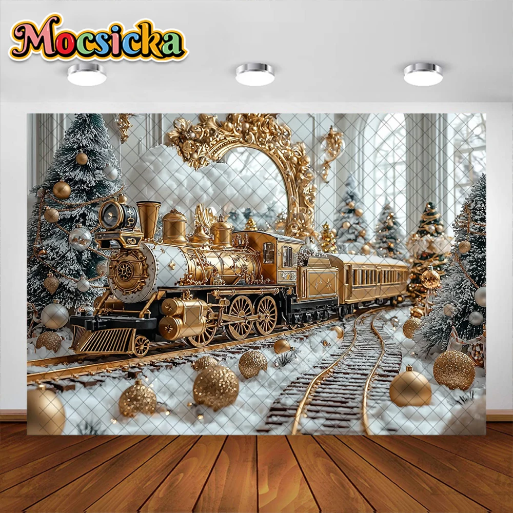 Golden Train Photography Background Merry Christmas Holiday Decoration Supplies Family Portrait Photo Backdrop Studio Props