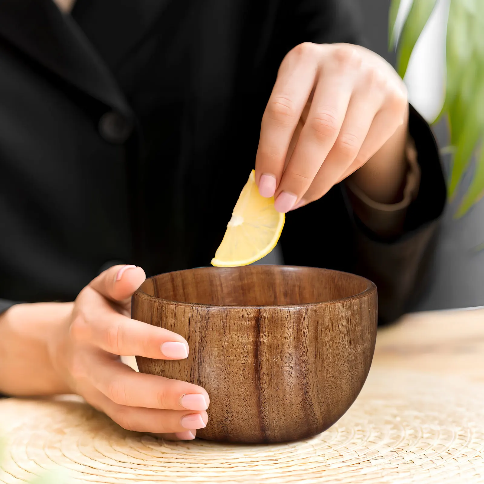 Natural Solid Wood Salad Handcrafted Non-Cracking Thick Large Capacity Home Kitchen Food Bowl Fruit Plate Dish Coffee