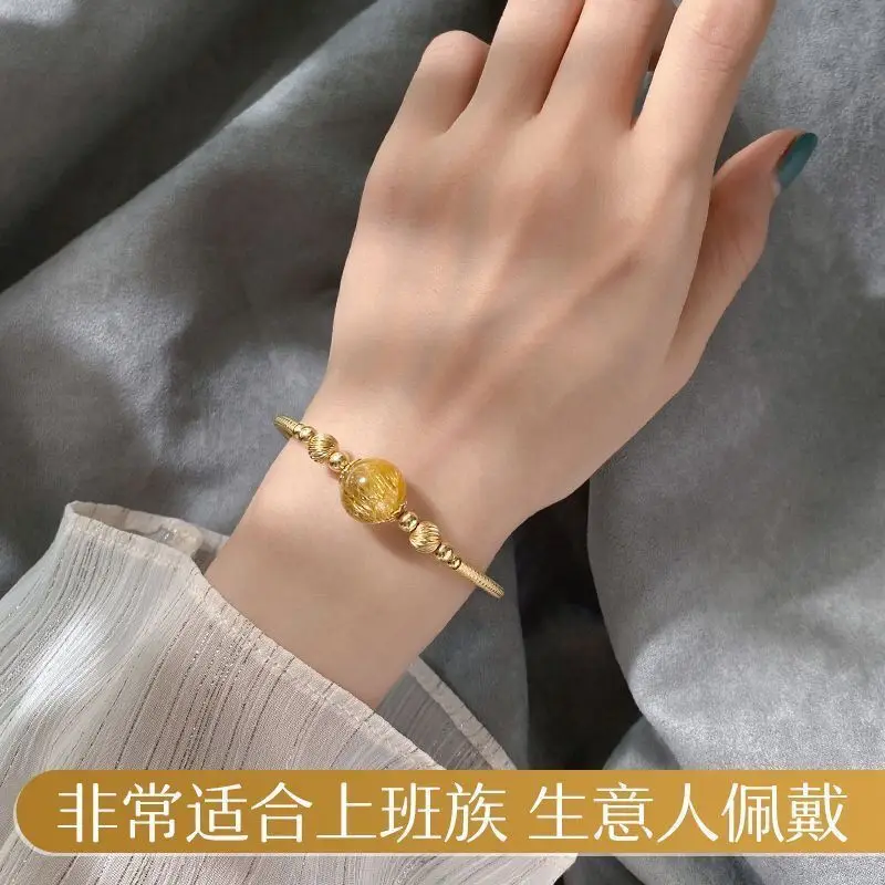 Natural Blonde Crystal Dense Hair Single Round Lucky Beads 14K Gold Plated Gold Wrap Bracelet Citrine Collection Jewelry Women's