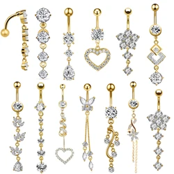 14G Gold Color Series Flower Heart Crystal CZs Belly Button Ring Long Dangled Sexy Curved Navel Piercings Tassel Belly Rings 1PC
