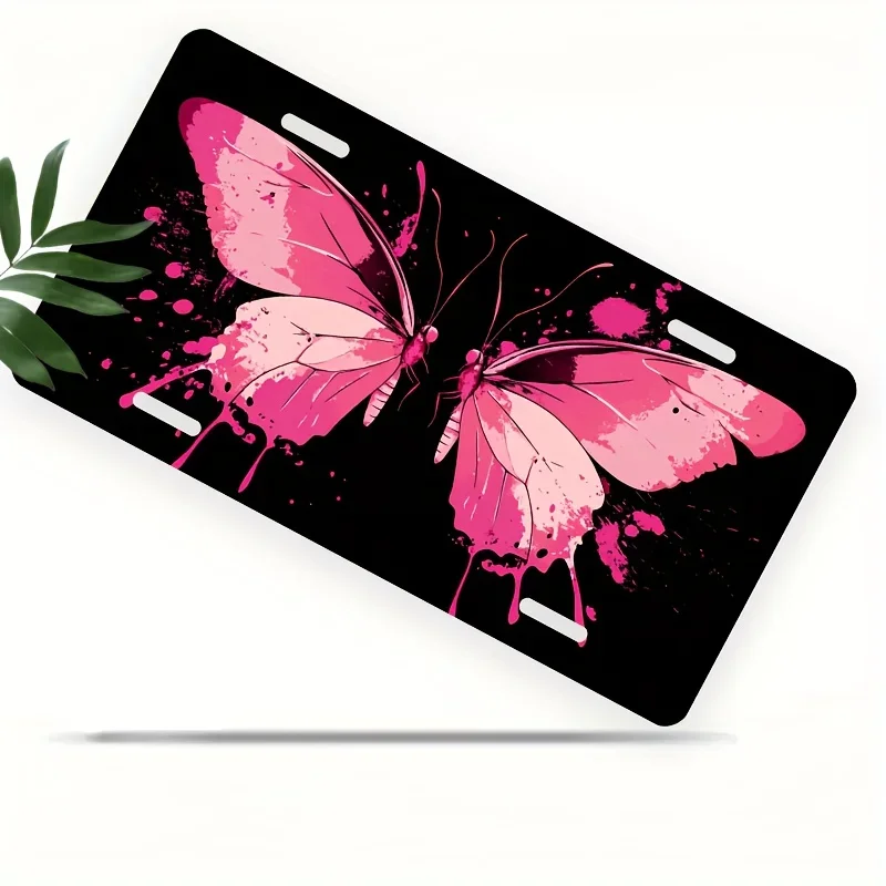 2D Flat, License Plate Cover And Frame Pink Butterfly Design Fun Standard Size 6X12 Inches Durable And Smooth Surface