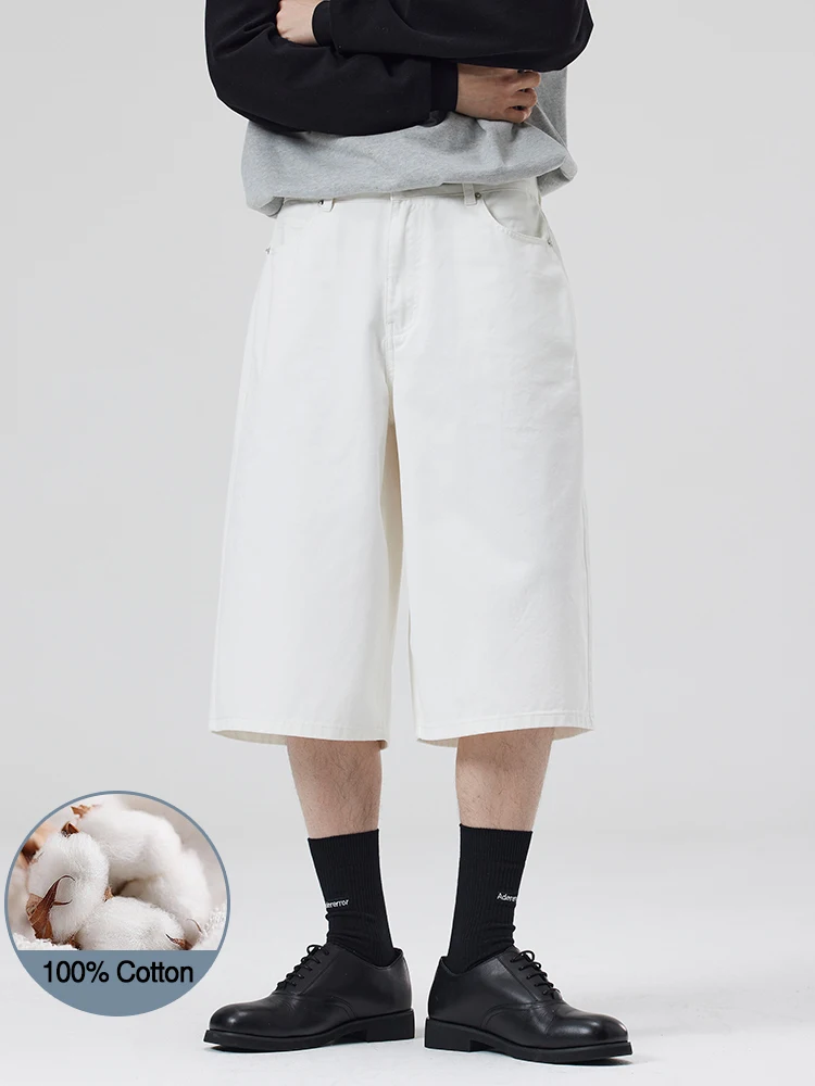 

100% Cotton White Jeans Summer Men's Shorts Baggy Wide-leg Casual Calf-length Denim Pants Oversized Loose Fashion Streetwear