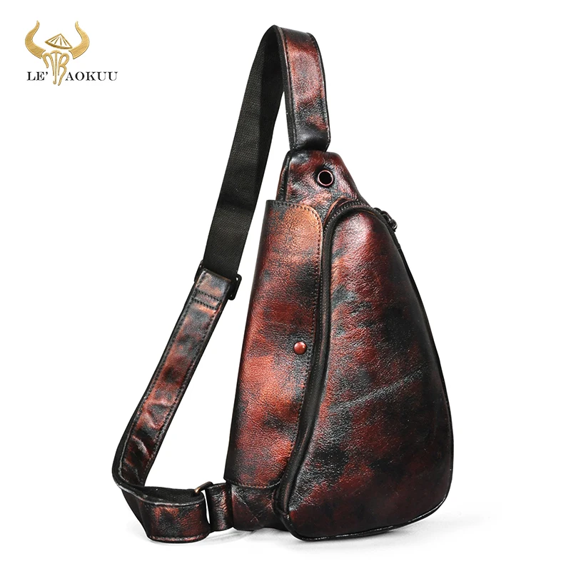 Hot Sale Soft Cattle Leather Travel Triangle Chest Sling Bag Design One Shoulder Crossbody Bag For Men Male 9976