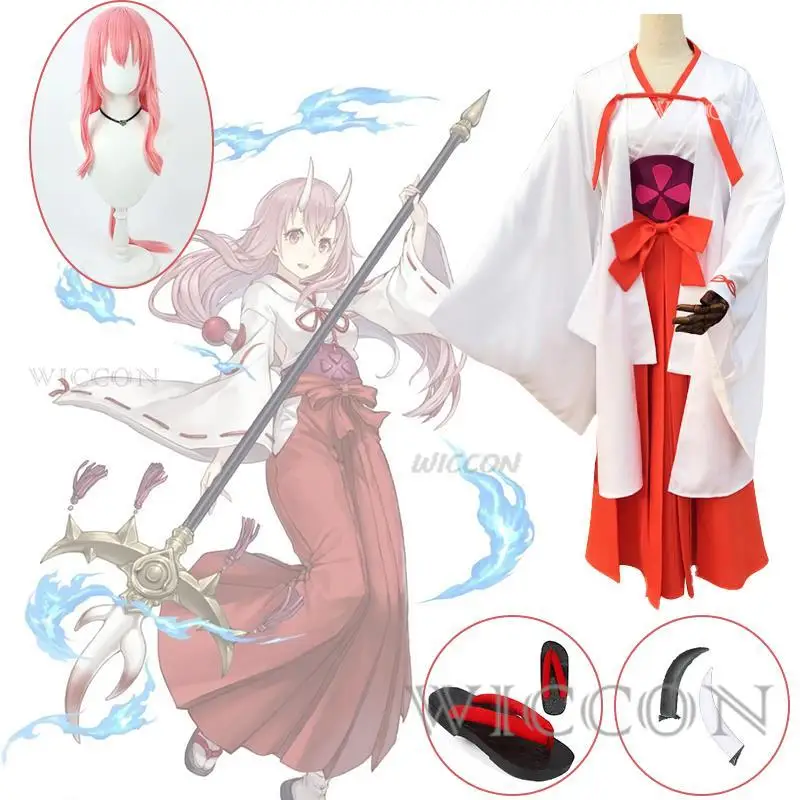 Dieses Mal wurde ich als Schleim wiedergeboren Anime Shuna Cosplay Kostüm Frauen Kimono Uniform Clogs Schuhe Kopfbedeckung Horn für Mädchen