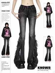 Women's Black Gothic Baggy Flare Jeans Harajuku Y2k Aesthetic Denim Trousers Punk Jean Pants Vintage 2000s Trashy Clothes 2024