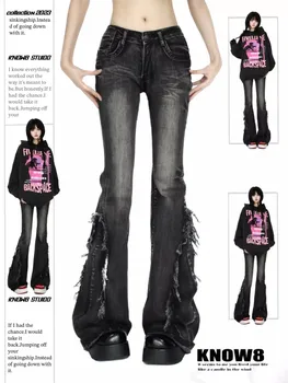 Feminino preto gótico baggy flare jeans harajuku y2k estético denim calças punk jean calças vintage 2000s roupas de lixo 2024
