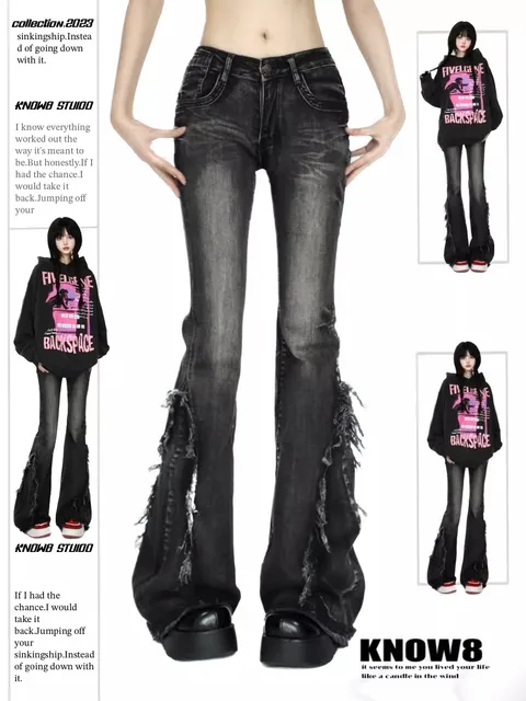 Damskie czarne gotyckie workowate dżinsy Flare Harajuku Y2k estetyczne spodnie dżinsowe Punk Jean spodnie Vintage 2000s tandetne ubrania 2024