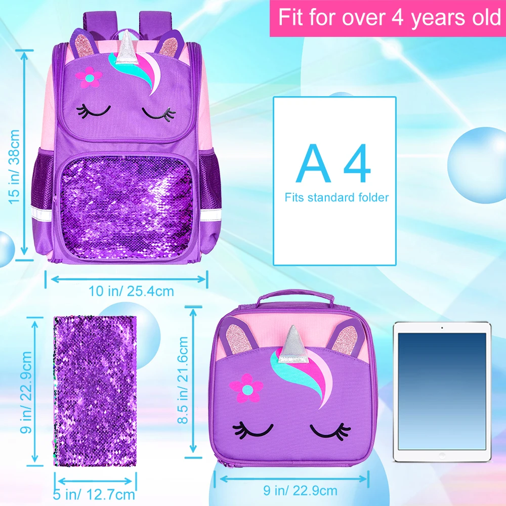 Mochila de unicornio de 3 piezas, mochila de lentejuelas para niñas de 15 "con fiambrera, mochila escolar morada para niños para primaria 2 vendida