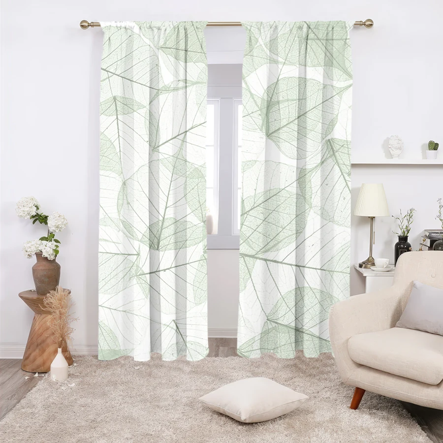 2PCS Multicolor Green Skeleton Leaf Translucent Pattern Curtains Rod Pocket Design For Bedroom And Living Room