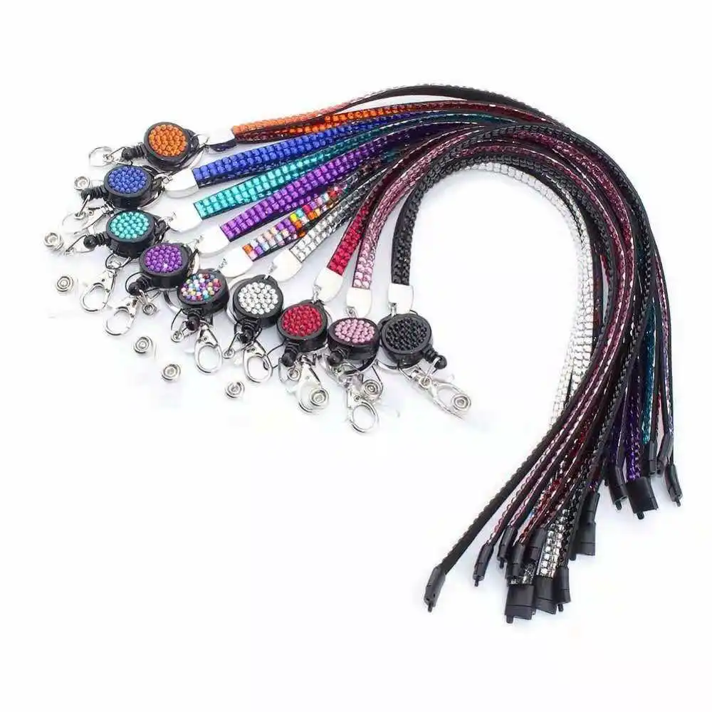 Retractable Crystal Lanyard Elastic ID Badge Holder Breakaway Safety Necklace with Diamante Rhinestone Stretch Cord