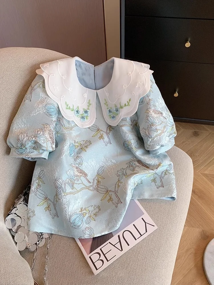 

New Chinese Sle Anti-Aging Floral Patchwork Doll Collar Bubble Sve irt Women Summer Retro National Sweet Temperament Top