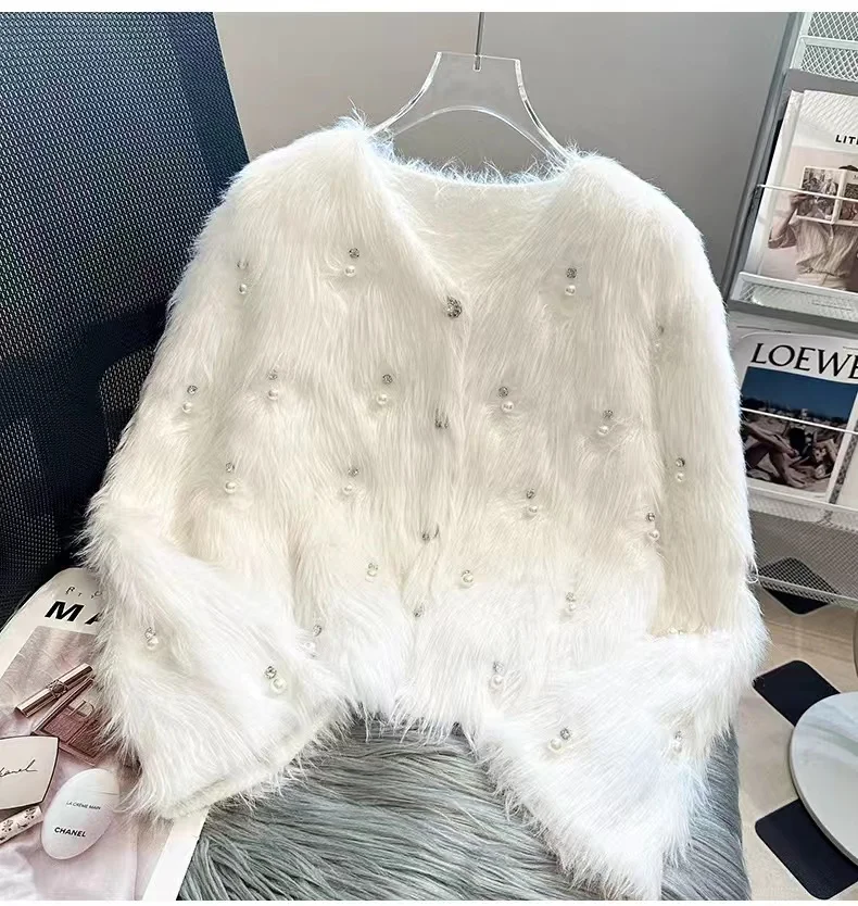 New In Autumn Diamonds Pearls Stitch Faux Fur Knitwear Coat Women\'s Imitation Mink Fleece Buttons Up Knitted Cardigan Sweater