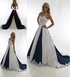 Navy Blue And White Gothic Wedding Dress Western Cowgirls Country Civil Bride Dress Plus Size Corset vestido de novia Customized