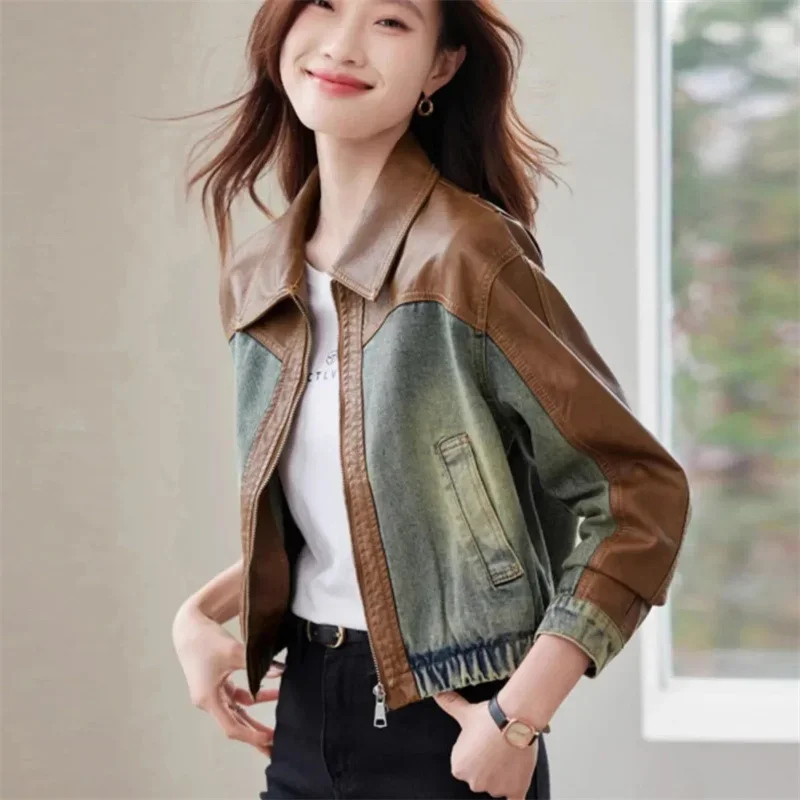 Pop Pop Hong Kong Style Spliced Denim Jacket 2025 New Design Sense Niche Jacket Top And Short PU Leather Coat Popular Patchwork