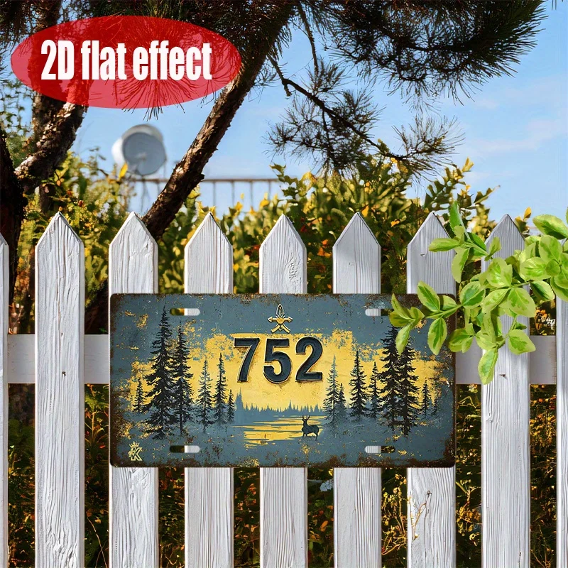 2D Flat, Vintage Metal Wood - Forest Scene with National Code 752, 11.8 X 5.9 Inches, Aluminum Plate for Use for Cabins, Country