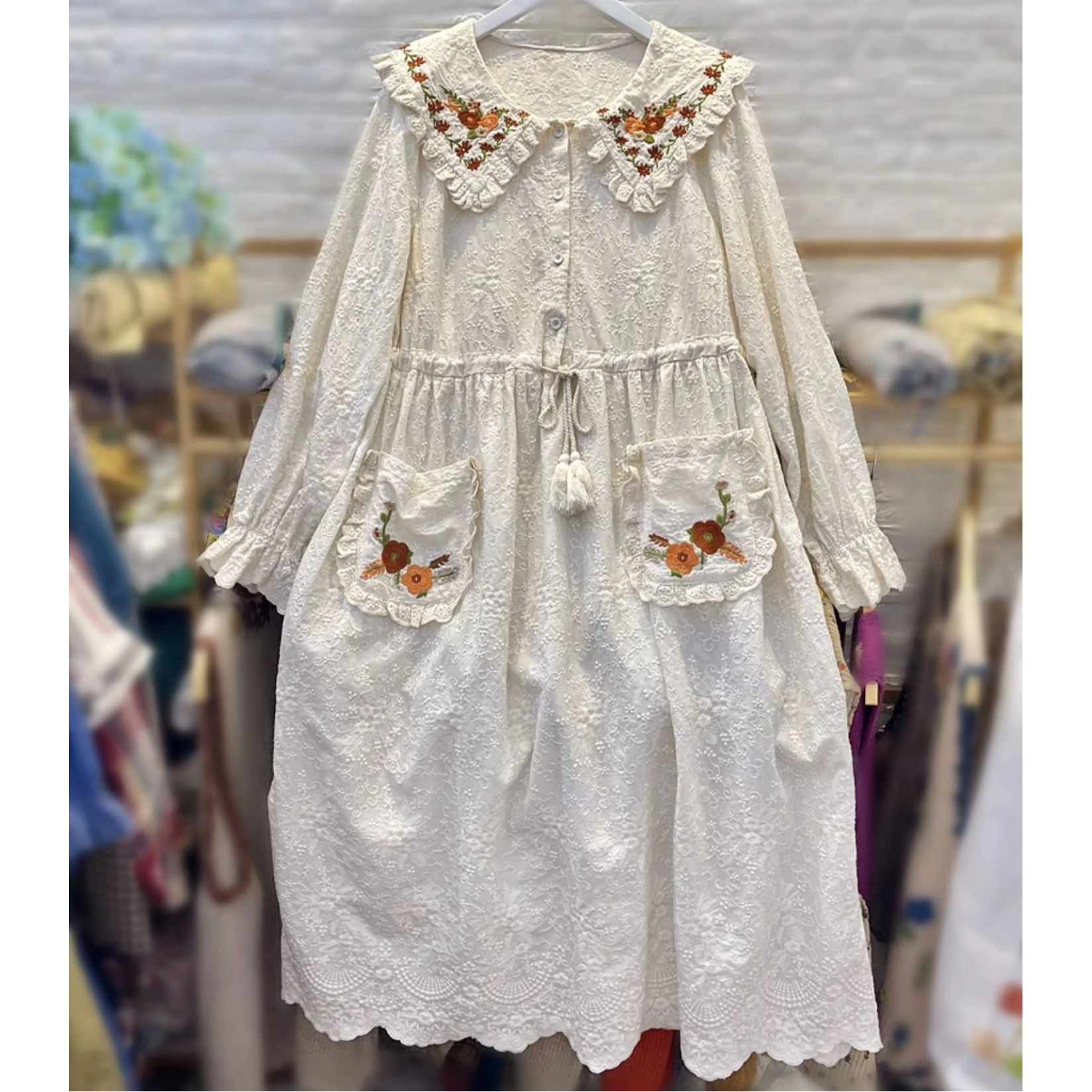 

Vintage Cotton Floral Embroidery Lace Tunic Long Midi Dress for Women 2024 Retro Chic Cottage Core Mori Girl Evening Sweet Dress