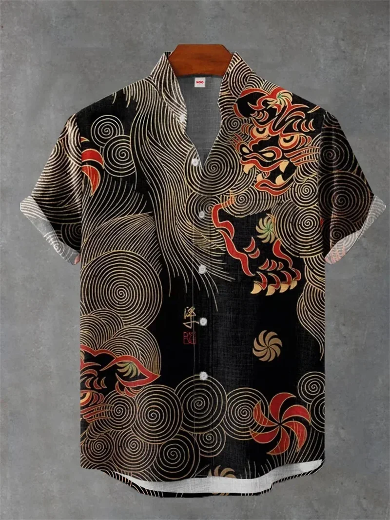 

New Men's Dark Ethnic Contrast Linen D Printed Shirt Short Sleeve Lapel Basic Hawaiian Beach Vacation Party Shirt Outer Top