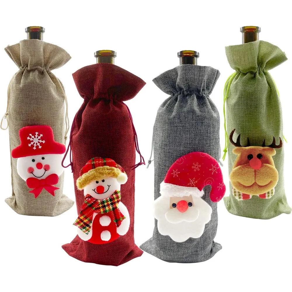 

4 Pcs Christmas Wine Bottle Bags,for Wine Bottles Gift Bulk, Santa Clause, Snowman & Reindeer Drawstring Bags,Vintage Wine Bottl