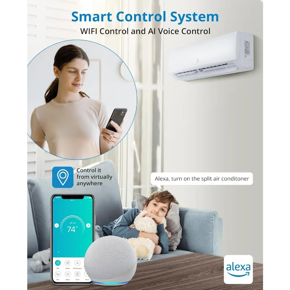 9000 BTU Smart Mini sistema di riscaldamento Split Inverter AC con pompa di calore precaricata e Kit di installazione, WIFI e telecomando