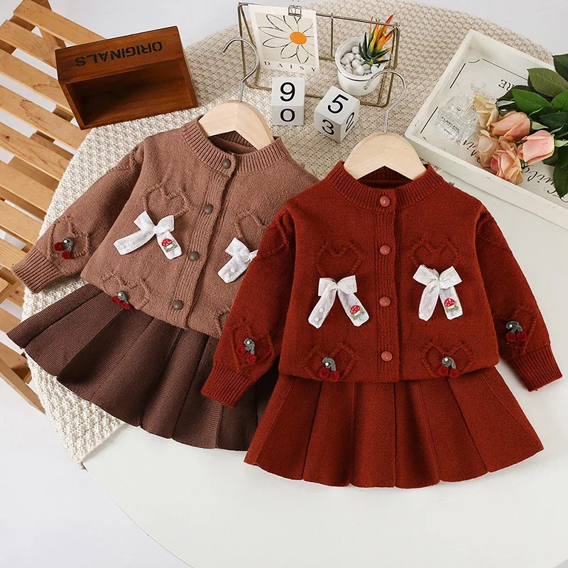 2025 New Autumn Winter Kids Knitted Clothing Suit 2-6Yrs Baby Girls Clothing Set Long Sleeved Knitted Cardigan+Short Skirt