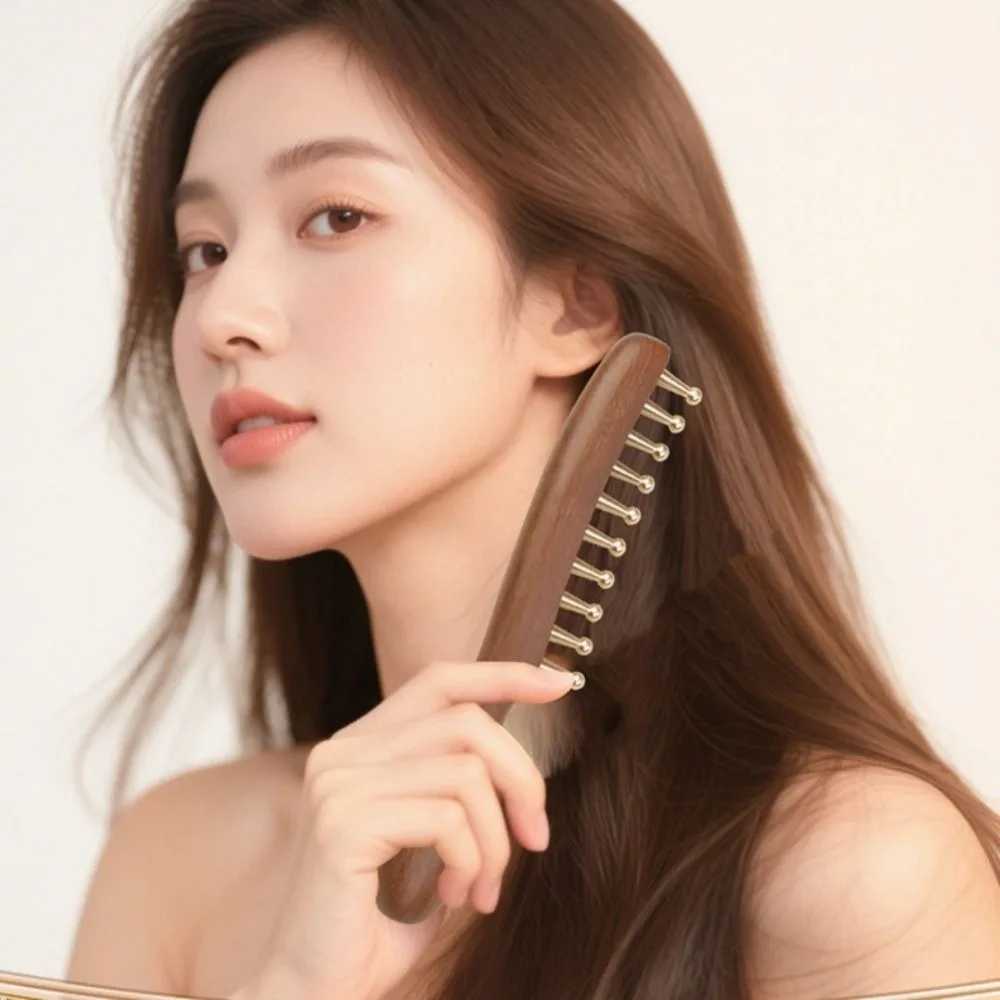 Scalp Relax Tools Head Meridians Massage Comb Wooden Copper Meridians Comb Needling Guasha Long Hair Head Therapy Meridian Comb