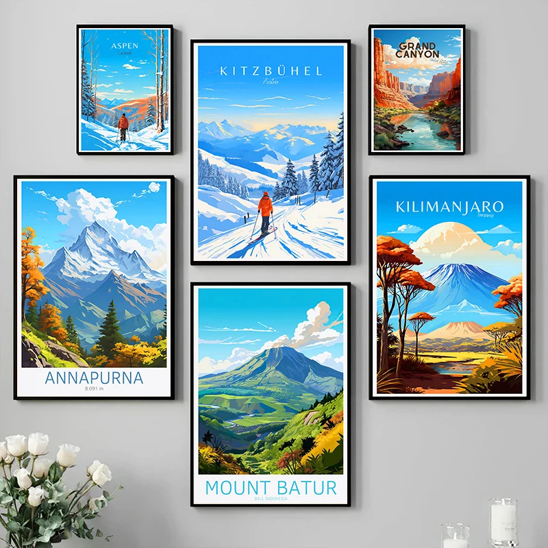 Póster de paisaje de viaje de montaña y resortes de esquí, pintura en lienzo para deportes al aire libre, imagen artística de pared Vintage, decoración del hogar y la Oficina