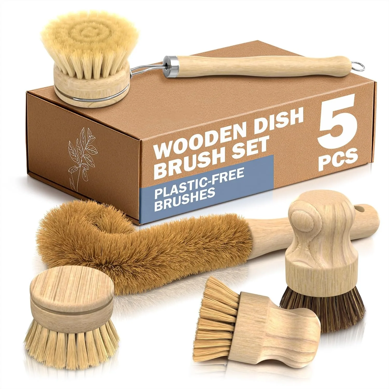 

5 Pcs Bamboo Dish Brush Set with Soft & Stiff Bristles, Ergonomic Handle, Replacement Head for Pots, Bottles & Vegetables