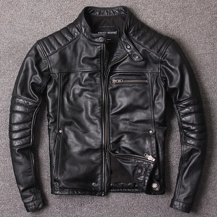 Free shipping.Vintage style mens cowhide clothes,quality biker leather Jacket,fashion black genuine Leather coat.homme slim,