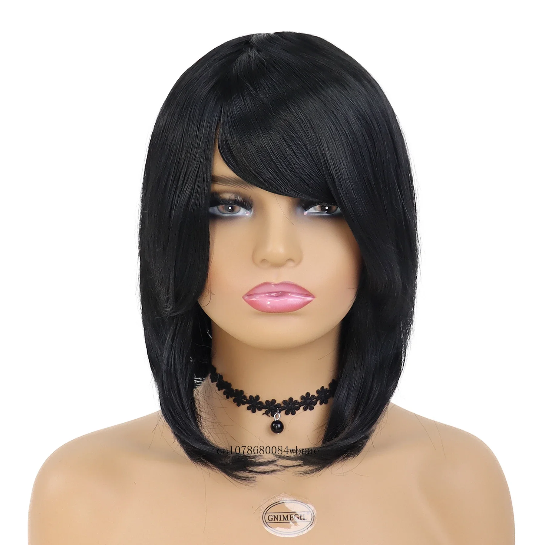 Synthetic Short Black Straight Wigs with Side Bangs Bob Wig for Women Girls Daily Party Costume Heat Resistant Natural Looking